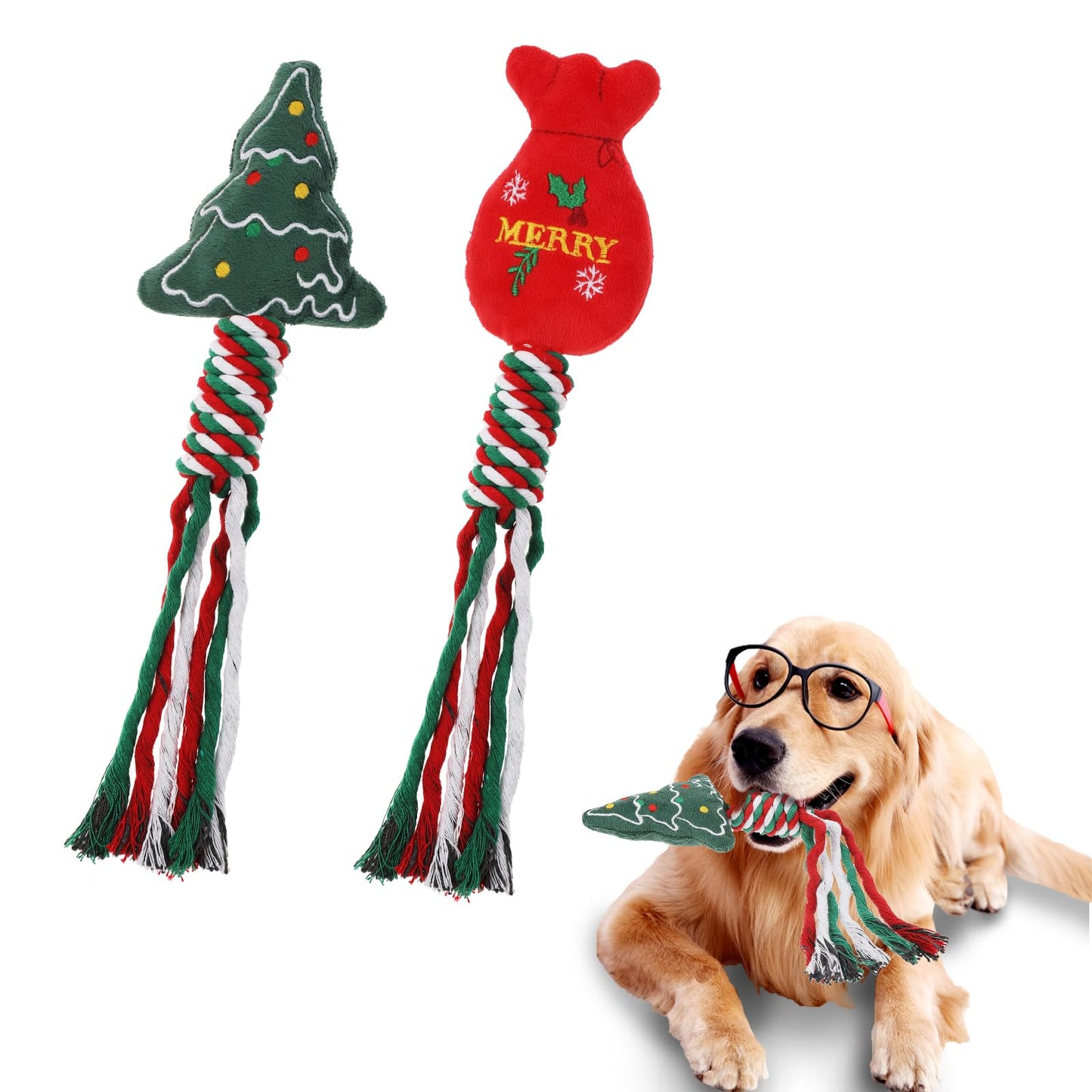 Amaxiu Christmas Dog Chew Toy Set, 2 PCS Xmas Dog Rope Toys Puppy Squeaky Toy Chew Training Toys Santa Dog Plush Interactive Toys Teething Toys for Dog Puppy (C)