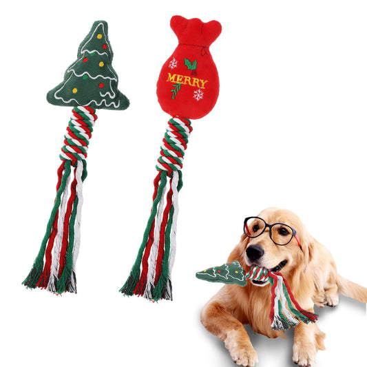 Amaxiu Christmas Dog Chew Toy Set, 2 PCS Xmas Dog Rope Toys Puppy Squeaky Toy Chew Training Toys Santa Dog Plush Interactive Toys Teething Toys for Dog Puppy (C)