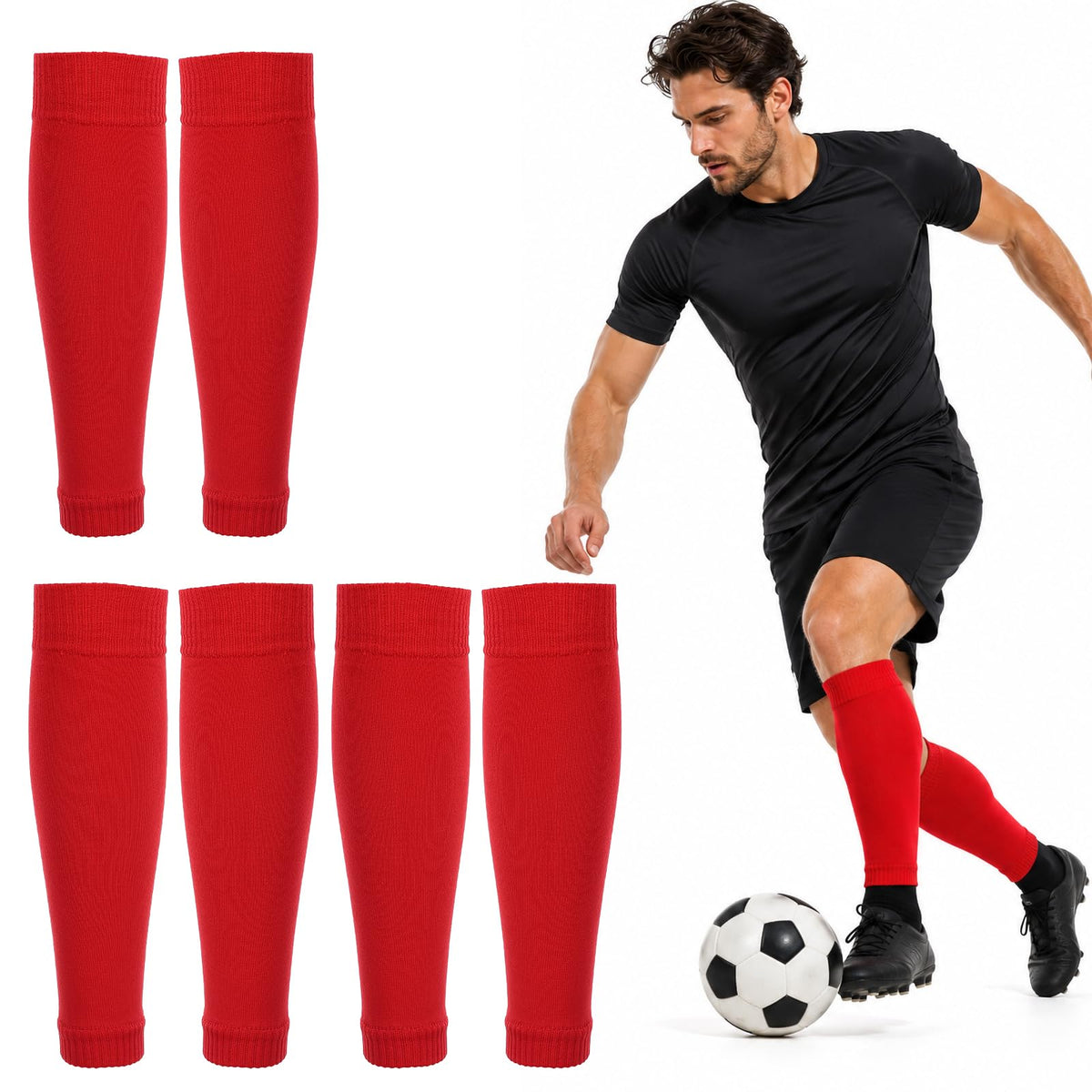 Cobee 3 Pairs Football Sock Sleeves, Red Pre Cut Breathable Footless Sock