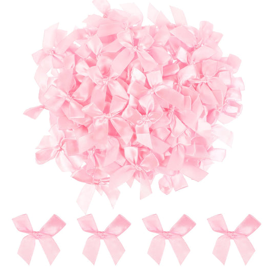 AOZUO Pack of 100 Mini Satin Ribbon Bows 7 cm Long Bows for Tying Pre-Tied Bows for DIY Premade Craft Bows for Packaging Gift Bags Decorations (Pink)