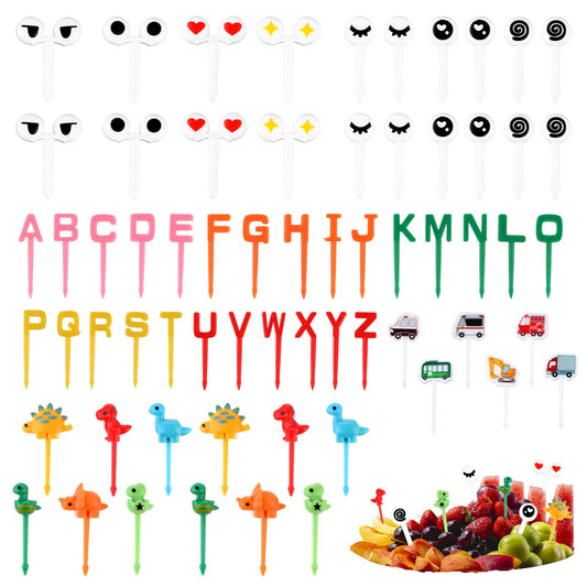 Amabro Cute Fruit Forks, 64Pcs Food Picks Reusable Fruit Toothpicks Multicolor Bento Box Accessories Dinosaurs Cars Eyes Letters Lunch Fork for Children Adults Desserts Fruit Pastry Party