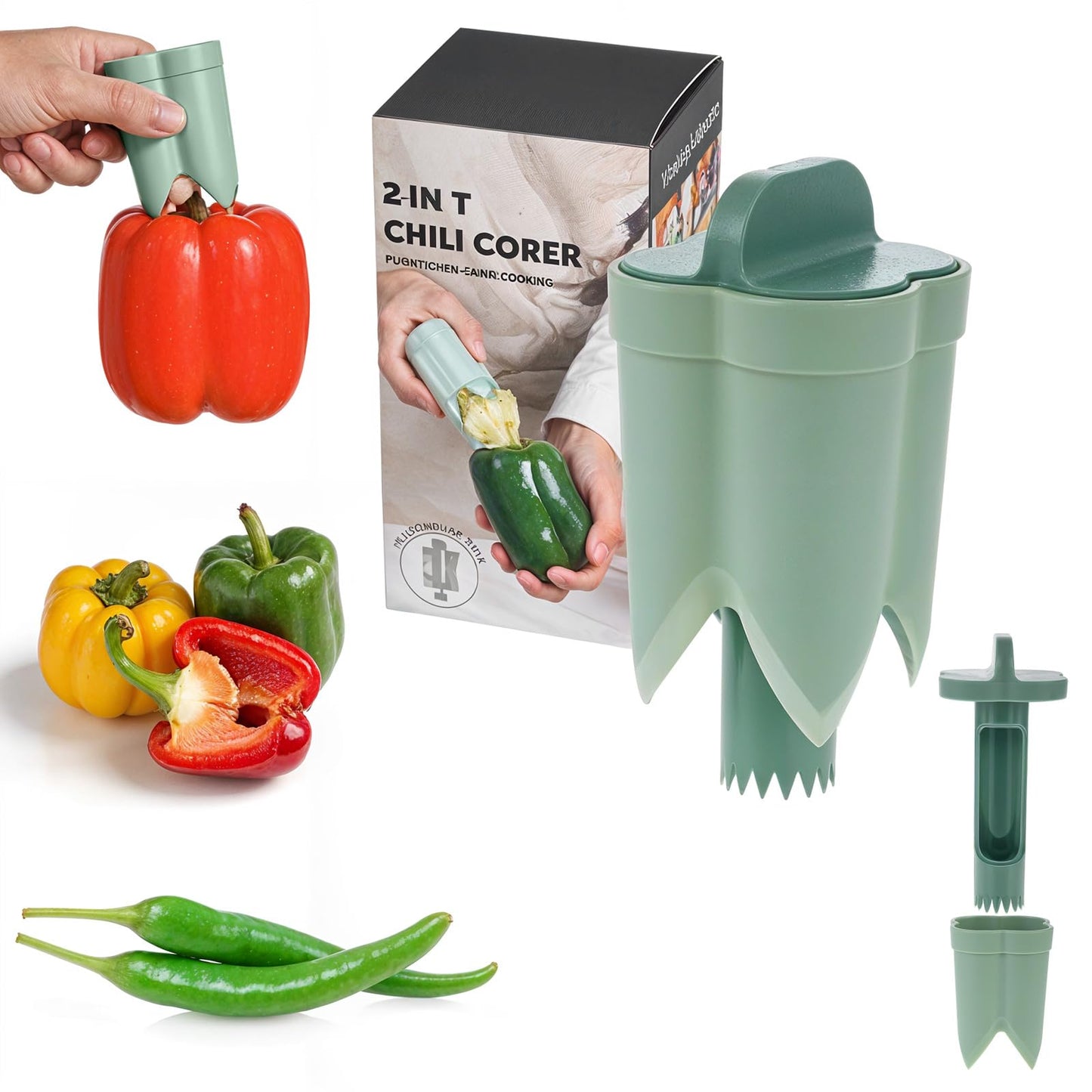 Yuanchu 2Pcs Pepper Corer Tools, 2 in 1 Pepper Seed Corer Remover Bell Peppers Cutter Deseeding Pepper Corers Tool Fruit Quick Corer for Vegetables Kitchen Home Family Camping(Green)