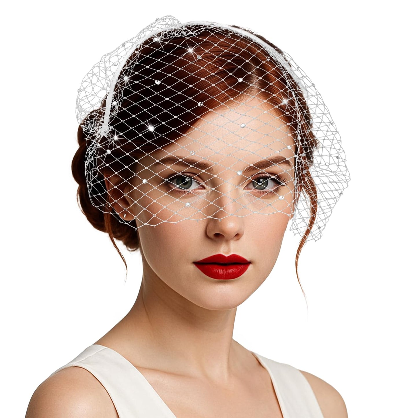 XLIUAX Veil Headband, Bird Cage Veil Bride, Vintage Lace Veil Headpiece 1920s Headpiece for Women Funeral Veil Halloween Accessories (White)