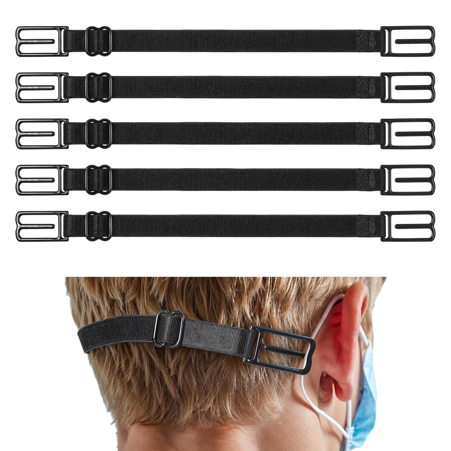 MBAIYO Pack of 5 Elastic Mask Holders, Adjustable Mask Holder with Metal Hooks, Black Mask Bands, Mask Band for Mouth Guard, Non-Slip Mask Extension, Back Head, Neck Holder