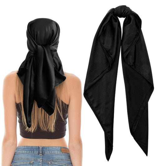 Jeffdad 35" Large Square Satin Head Scarf, Silk Scarf for Women Hair Bandana, Head Scarves for Hair Wrapping and Sleeping at Night(Black)