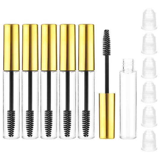 JIEYAO 6 Pcs Empty Mascara Tube and Eyelash Wand, 10ML Castor Oil Dispensers Eyelash Brush, Refillable Plastic Mascara Tubes Eyelash Cream Clear Container Bottle with Rubber Inserts for DIY (Gold)