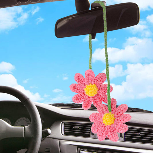 Giantree Cute Daisy Crochet Decor for Car Mirror Hanging Accessories, Handmade Knitted Daisy Rear View Mirror Accessories Daisy Car Decorations for Women Girls Automotive Interior Aesthetic(Pink)