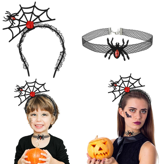 Amaxiu Halloween Spider Headband Necklace Set, Halloween Spider Web Headdress with Spider Necklace for Women Lace Spiderweb Hair Hoop Fancy Headband Dress Cosplay Masquerade Costume Supplies(Style-B)