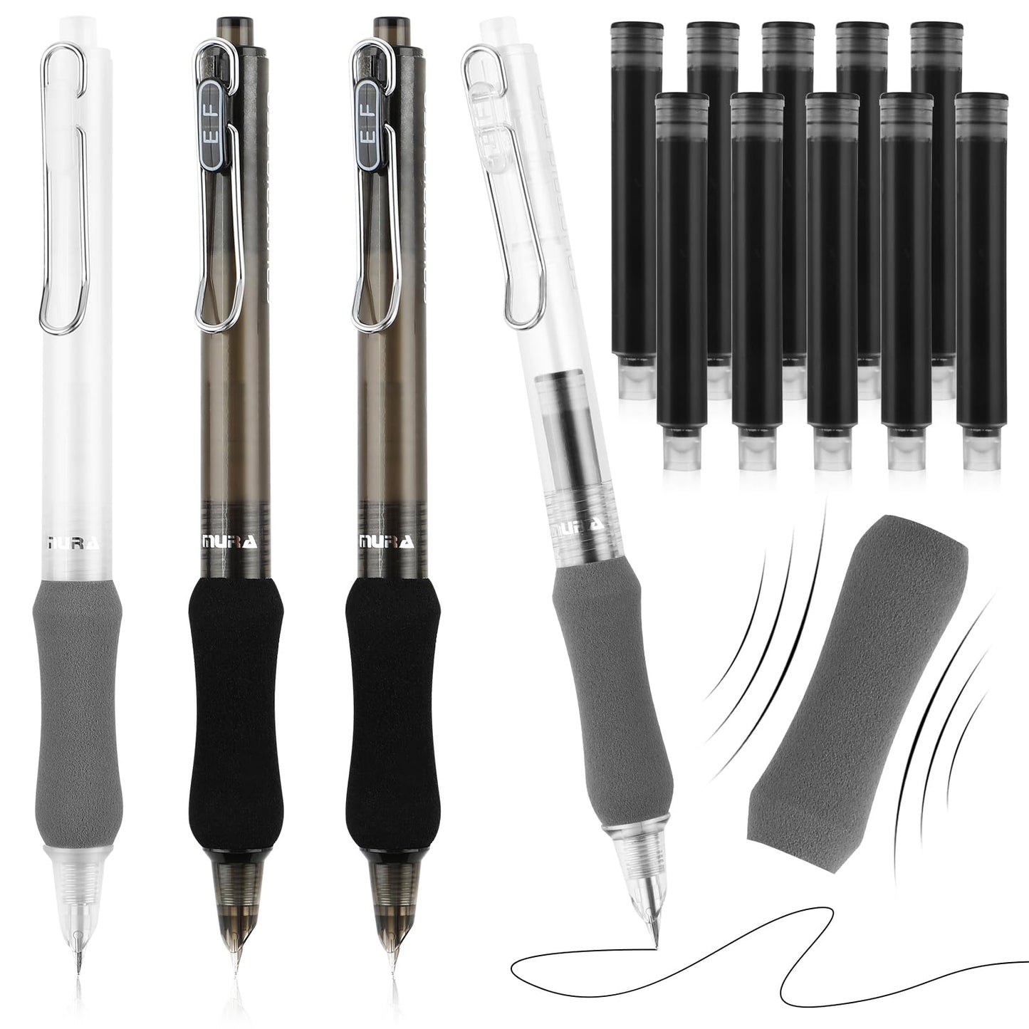 cobee Soft Grip Retractable Fountain Pen, 4 Pcs 0.5mm Fountain Pen with 10 Pcs Black Ink Sac Fine Point Writing Pen Calligraphy Pen for School Office Gift Supplies(B)