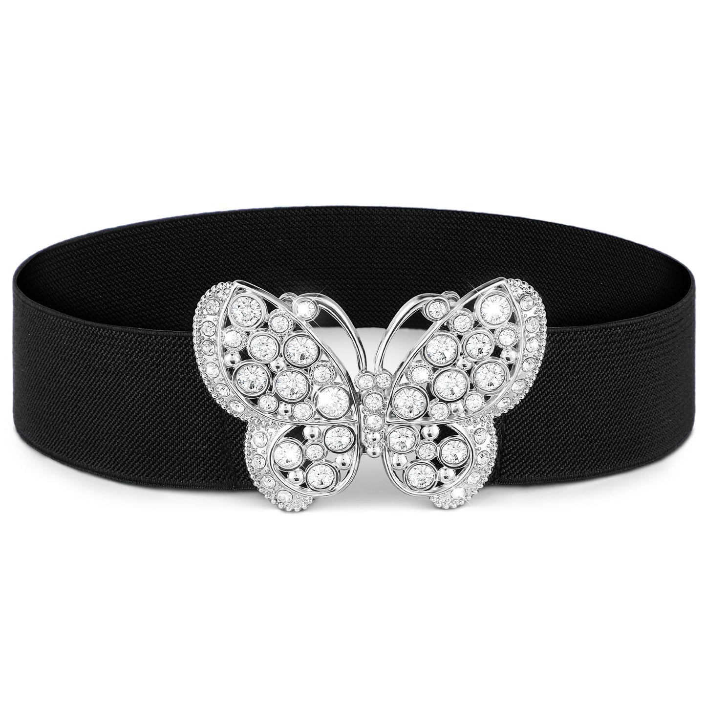 Andibro Women Butterfly Elastic Belt, Rhinestone Waist Belts Skinny Dresses Retro Stretch Waistband for Jeans Pants Dress(silver)