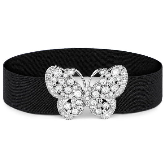 Andibro Women Butterfly Elastic Belt, Rhinestone Waist Belts Skinny Dresses Retro Stretch Waistband for Jeans Pants Dress(silver)
