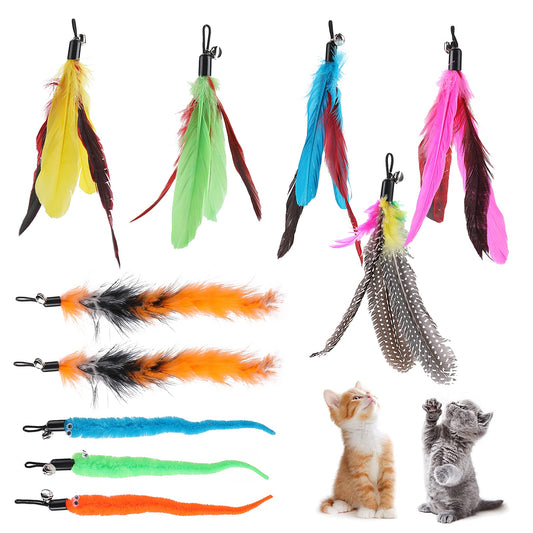 Molain Cat Wand Toy Set -Cat Teaser+ 6Pcs Furry Tail Worms with Bells (10Pcs Furry Tail Worms-3 Styles)