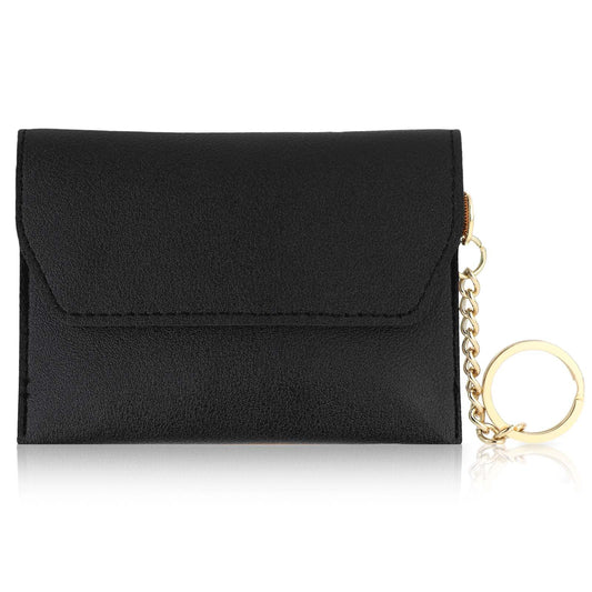 Andibro Leather Card Holder, Handmade Vintage Coin Purse Slim Business Card Case with Metal Keychain Pocket Card Organizer(Black)