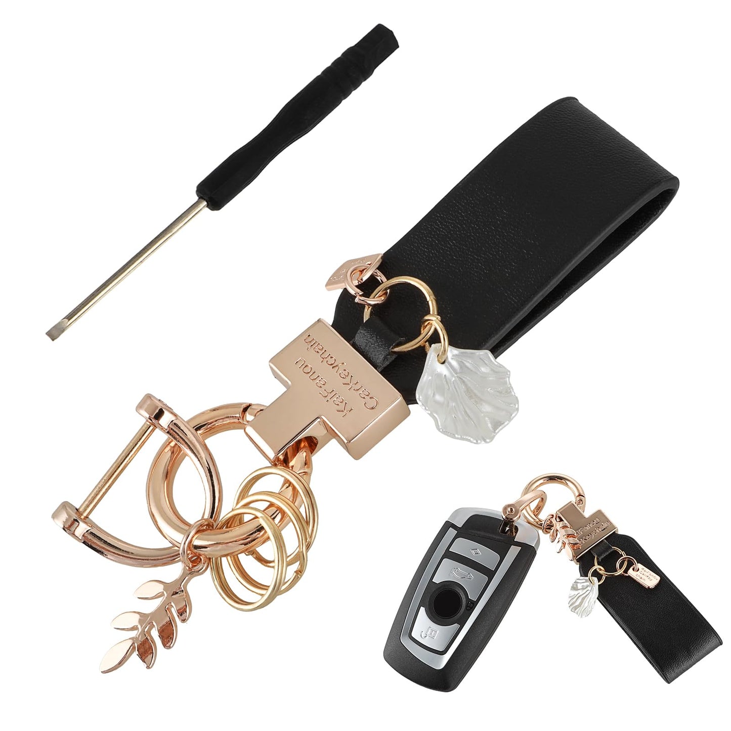 TIESOME Car Keychain, Universal Leather Key Fob Holder Car Metal Key Chain Accessories Cute Shell Keyrings with 360°Rotatable Swivel Anti-Lost D-Ring 3 Keyrings 1 Screwdriver for Men Women(Black)