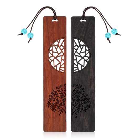 Amaxiu 2PCS Wooden Bookmark for Book Lovers, Vintage Handmade Bookmark with Turquoise Porcelain Pendant Natural Wooden Carving Book Mark Traditional Style Book Marks Accessories