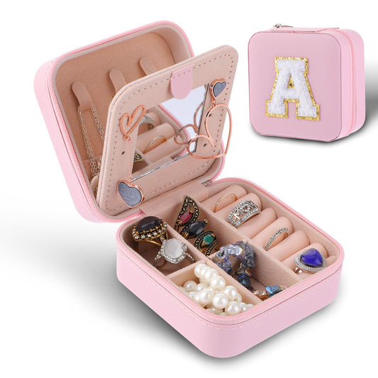 Amaxiu Mini Small Jewelry Box, Portable Travel Jewelry Organizer with Mirror Travel Essentials Jewelry Case Display Holder Gift for Women Girls Ring Earrings Necklace Bracelet Bangle, Pink(A)