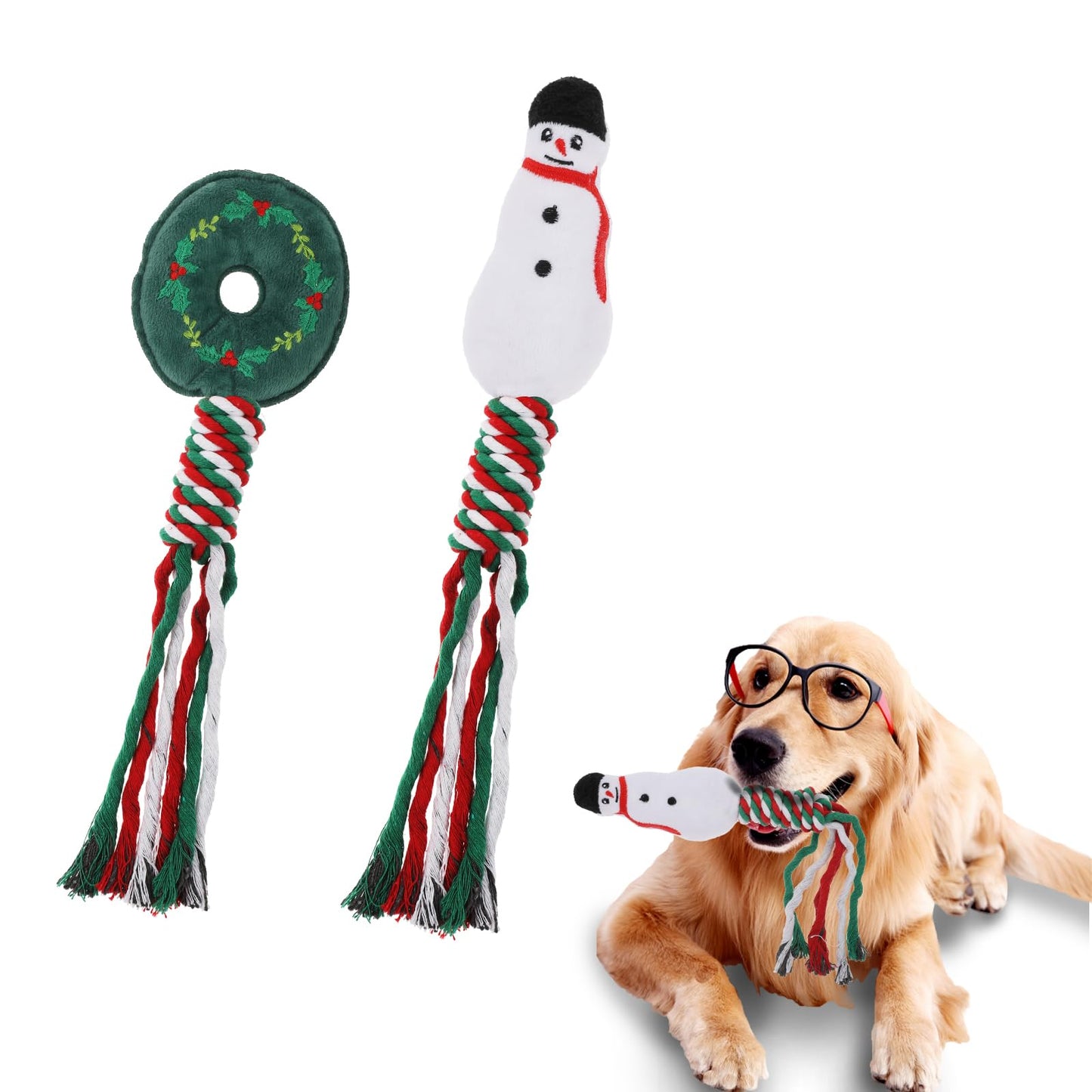 Amaxiu Christmas Dog Chew Toy Set, 2 PCS Xmas Dog Rope Toys Puppy Squeaky Toy Chew Training Toys Santa Dog Plush Interactive Toys Teething Toys for Dog Puppy (D)