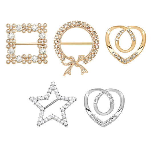 Giantree 5pcs Scarf Ring Clips, T-shirt Tie Clips for Women Silk Scarf Ring Clip Fashion Metal Ring Scarves Clasp Waist Buckles Rhinestone Pearl Tshirt Clips for Shirts Clothing Scarf Ring Wrap Holder