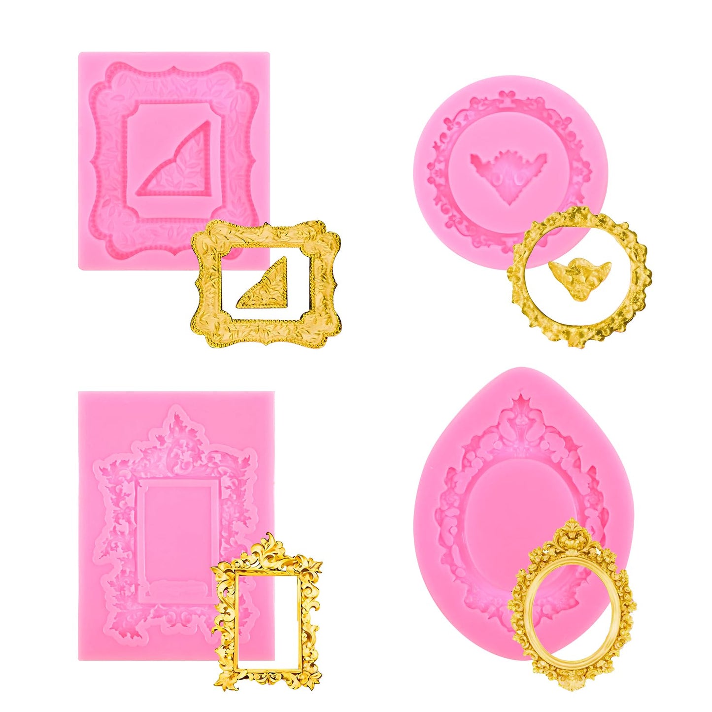 XLIUAX 4Pcs Silicone Frame Molds for Chocolate, Mini Fondant Sugar Mold, Baroque Style Picture Frames Cakes Molds for Cupcake, Cake Puck, Donut, Dessert Air Dry Clay Cake Decoration