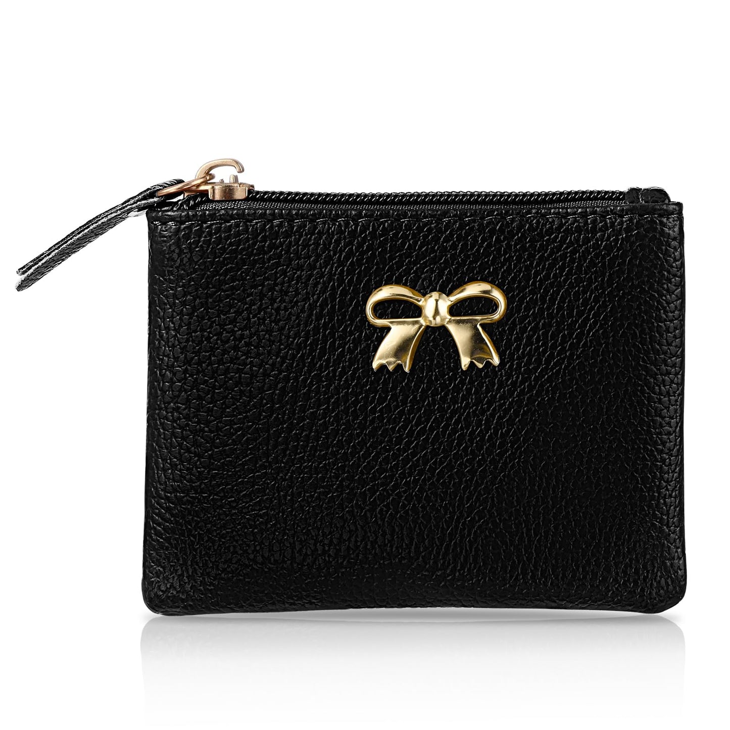 simarro Coin Purse, Vegan Leather Bow Lychee Pattern Zipper Coin Purse Portable Change Wallet Mini Coin Pocket for Men Women Credit Card ID Key Headset Lipstick(Black)