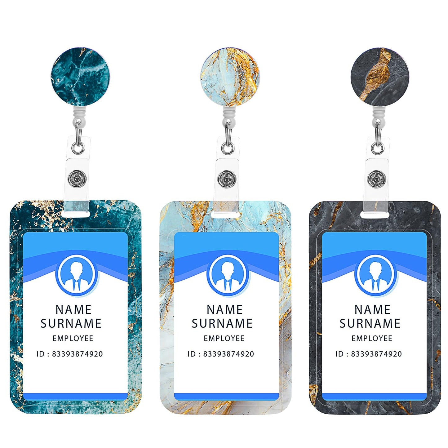 Amabro Marble Badge Holder with Retractable Reel, 3 Pcs Retractable Card Holder with Belt Clip Vertical Card Protector Cover Case ID Card Name Key for Nurse Doctor Student Teacher Office Coworkers