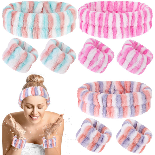 Cobee 9 PCS Face Wash Headband Wristbands, Soft Stretchy Headband and Wristband Set for Washing Face Keep Water from Running Down Your Arms Women Hairbands Wrist Set for Bath Makeup(Stripe)