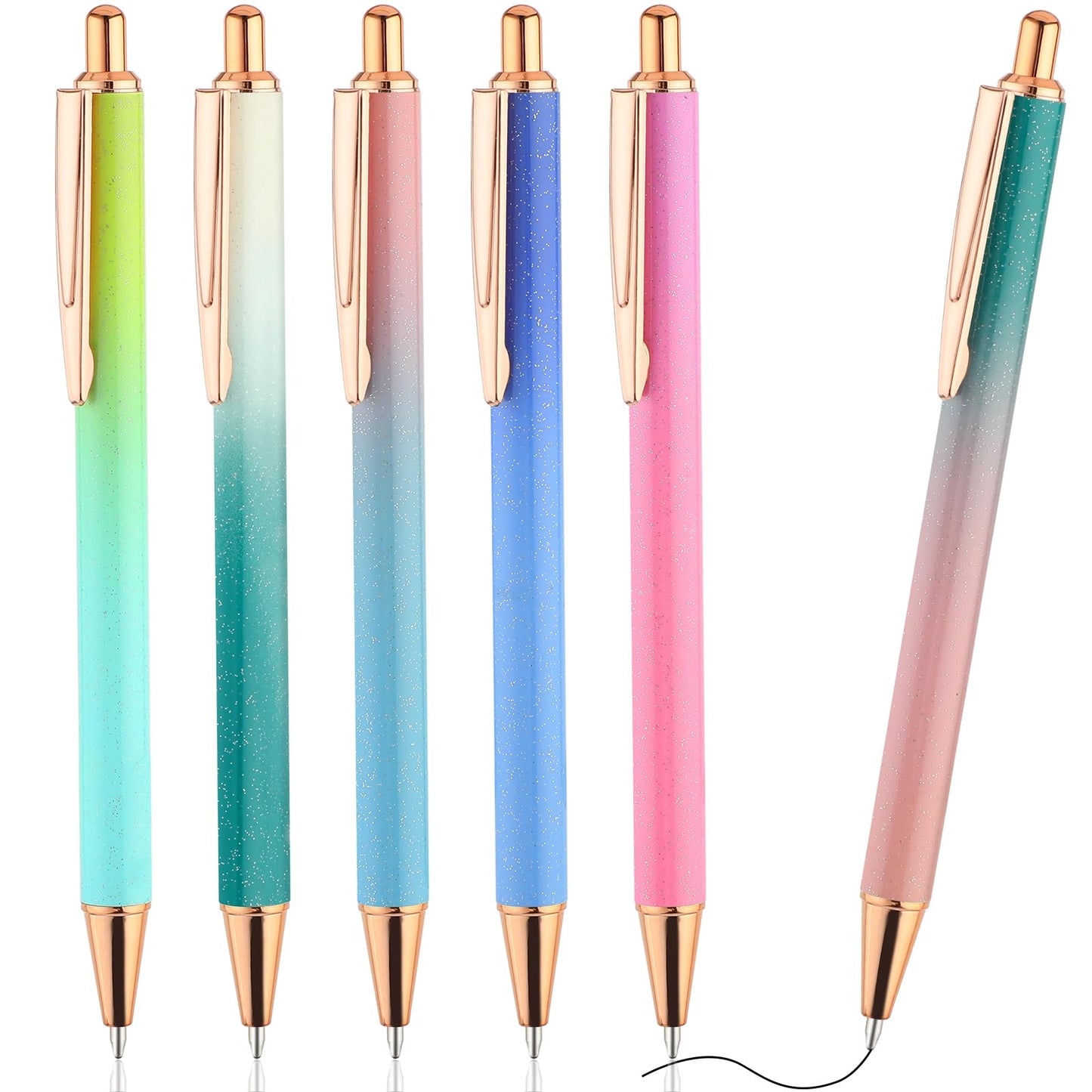 Amaxiu Glitter Ballpoint Pens, 6pcs Bling Metal Pens 1.0mm Click Black Ink Retractable Rollerball Pens for Drawing Journal Writing Note Taking Students School Office Supplies(Gradient Pink)