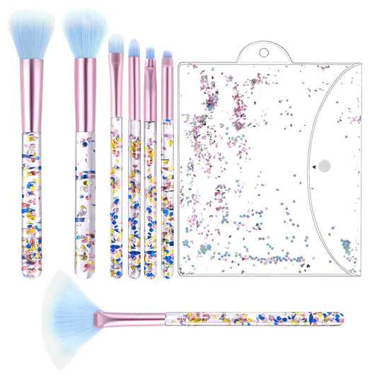 AOZUO 7 Pcs Makeup Brushes for Women, Cute Pink Makeup Brushes Crystal Sparkles Fan Blush Foundation Powder Lip Highlight Eye Shadow Eyebrow Brush Set With Sequins Handle Professional for Girl(Blue)