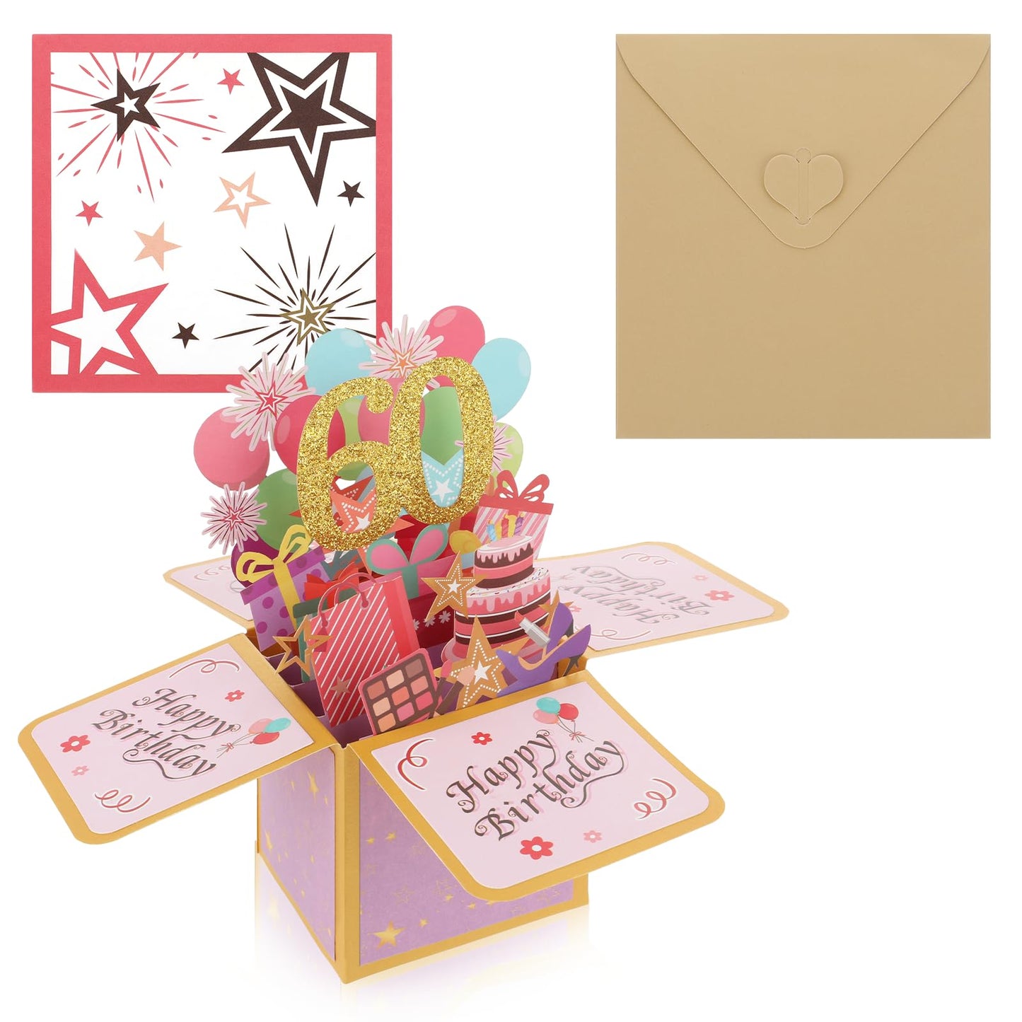Molain 60th Birthday Card, Happy 60th Birthday Pop-Up Card for Women Men, 3D Greeting Card with Note and Envelope 60th Birthday Gifts for Mom Dad Wife Husband Women Men(Pink Gold)