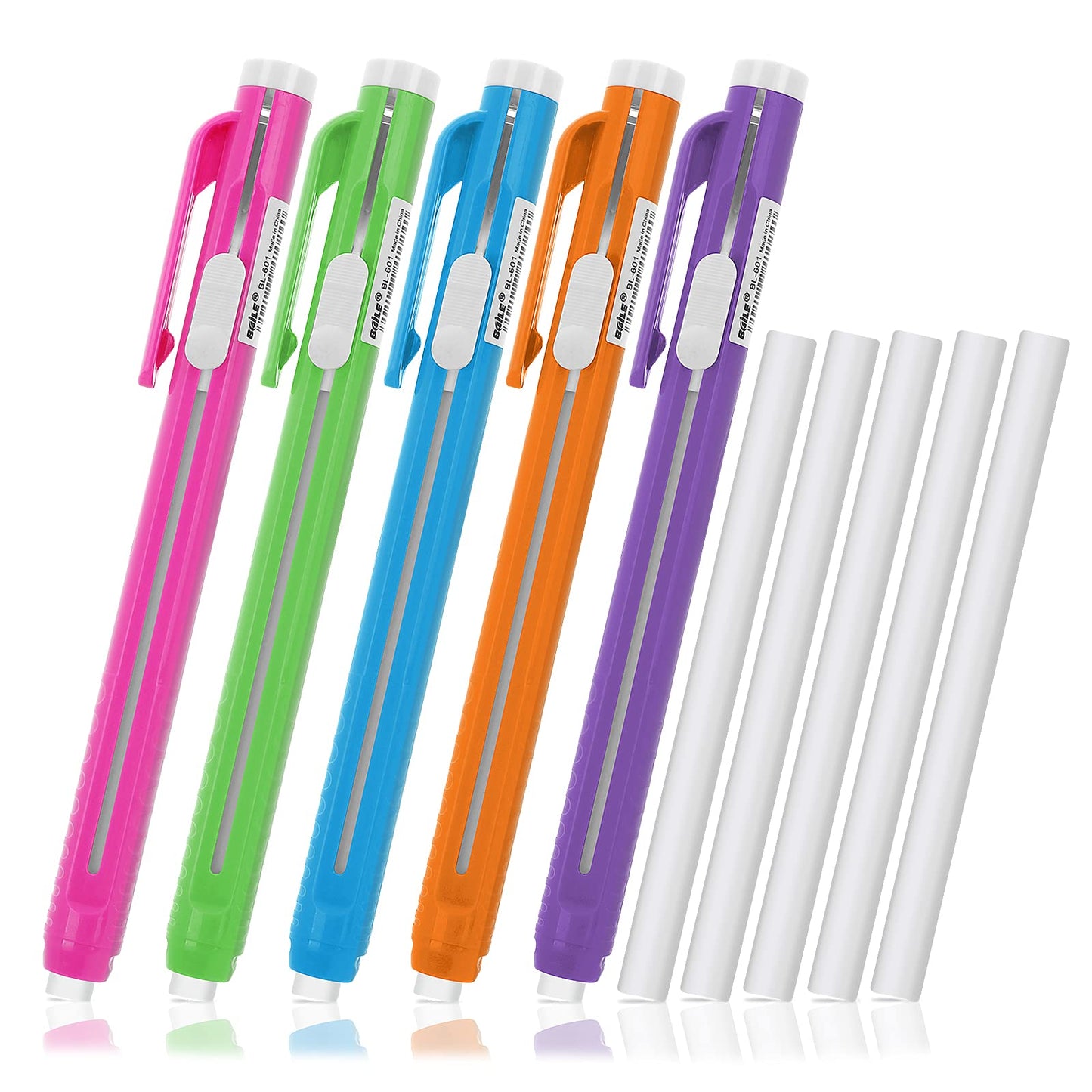 Molain Pen-Style Erasers, 5 Retractable Click Eraser Pen Shell + 5 Eraser,Mechanical Eraser Pencil, Bar Erasers for Kids Students Artist Painting Writing, Home School Office Supplies, Multicolor