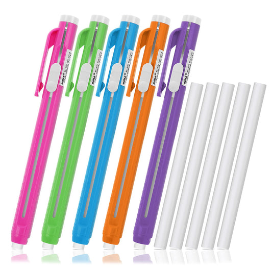 Molain Pen-Style Erasers, 5 Retractable Click Eraser Pen Shell + 5 Eraser,Mechanical Eraser Pencil, Bar Erasers for Kids Students Artist Painting Writing, Home School Office Supplies, Multicolor