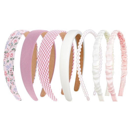 Giantree 7 Pcs Headbands for Women Girls Headbands Set, Non Slip Floral Headbands Padded Headbands, Cute Pearl Headband for Girls, Pink Vintage Wide Headband Bandana Hair Accessories for Women