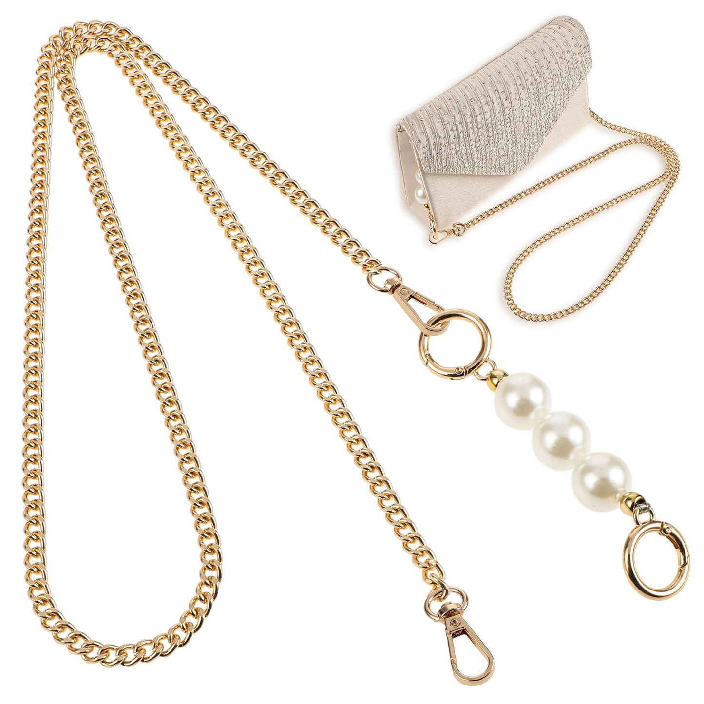 TIESOME Metal Chain Purse Strap with Pearl, Shoulder Bags Chain Strap Replacement, Crossbody Bag Replace Chain Long Handbag Chains DIY Cross Body Bag Chain for Women 47"(Gold)