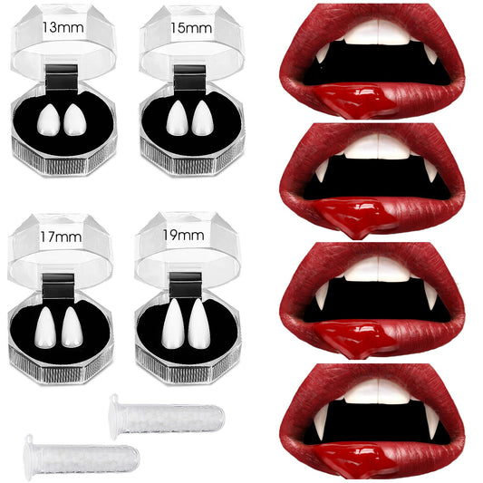 Amaxiu Vampire Fangs Teeth, Halloween Vampire Tooth Horror Fake Teeth with 2 Tube Teeth Adhesive Pellet Halloween Cosplay Party Fangs Props(4 Pairs, 13/15/17/19mm, Box Packaging)