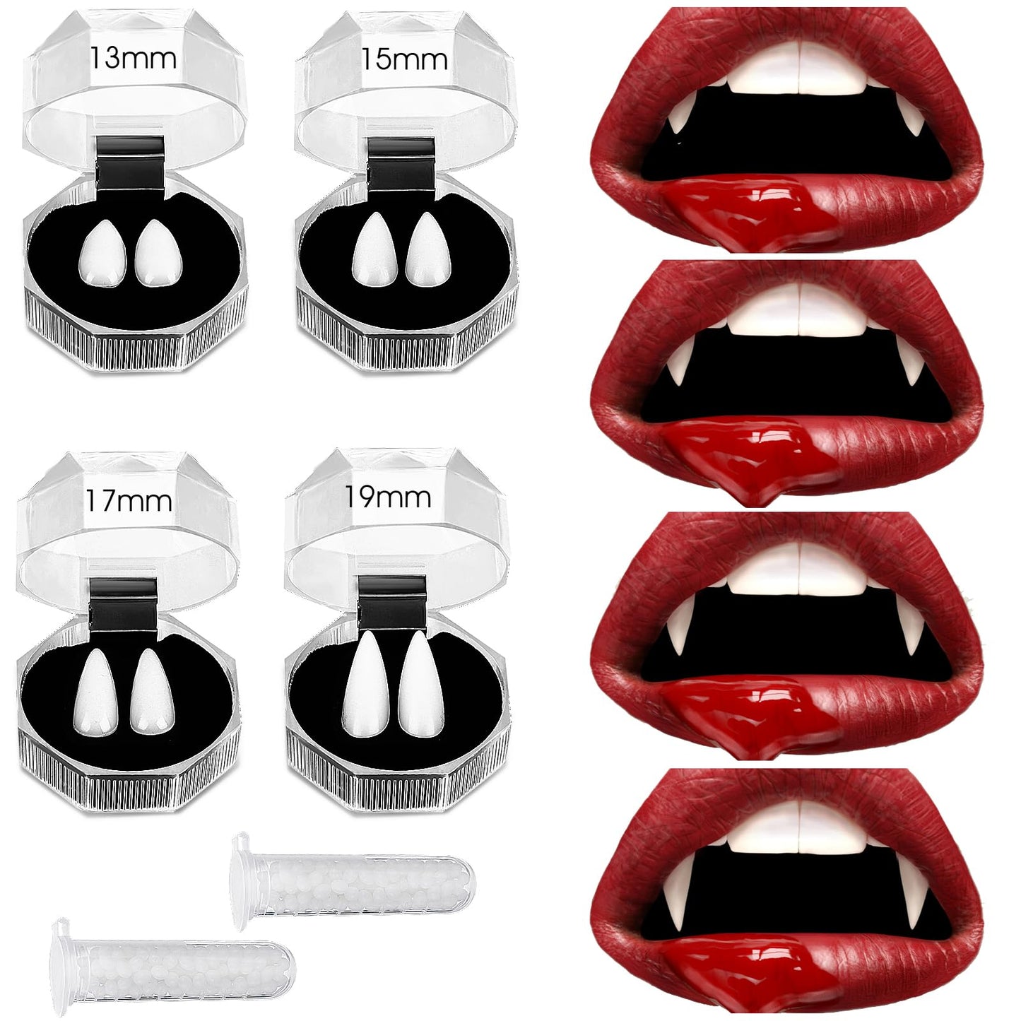 Amaxiu Vampire Fangs Teeth, Halloween Vampire Tooth Horror Fake Teeth with 2 Tube Teeth Adhesive Pellet Halloween Cosplay Party Fangs Props(4 Pairs, 13/15/17/19mm, Box Packaging)