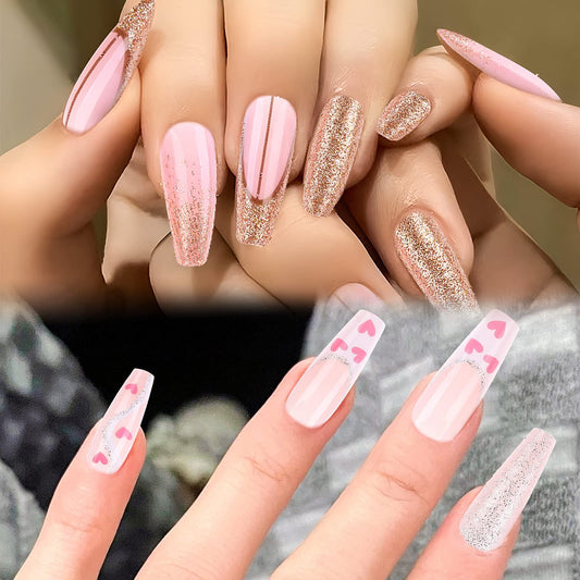 cobee 48Pcs Glitter Press on Nails Long, 2 Set Gold Foil French Press on Nails Long Nail Art French Tip Coffin Fake Nails Bling Sparking Acrylic Ballerina Full Cover False Nails for Women Girls
