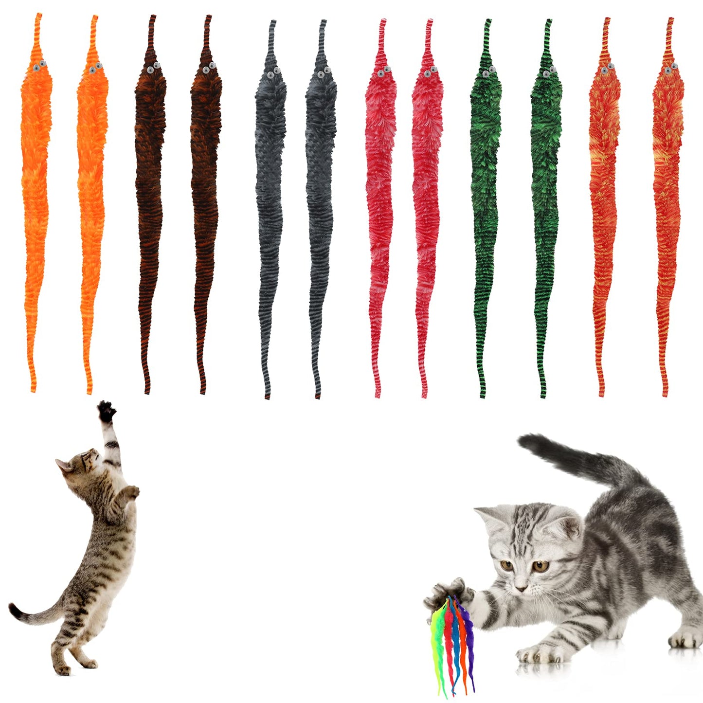 Molain Cat Wand Toy Replacement Refill, Interactive Cat Toys Furry Tail Worm Chaser Toys, Kittens Wand Refills Attachments (12 Pcs New)