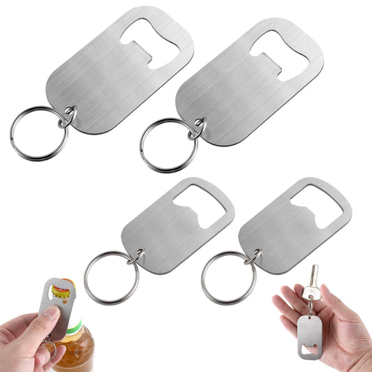 JIYIN 4 Pcs Bottle Opener Keychain, Stainless Steel Flat Beer Bottle Opener Keychain, 2 Sizes Metal Bottle Opener Key Chain for Bartender Bar Kitchen Restaurant Party Supplies Men Women(Silver)