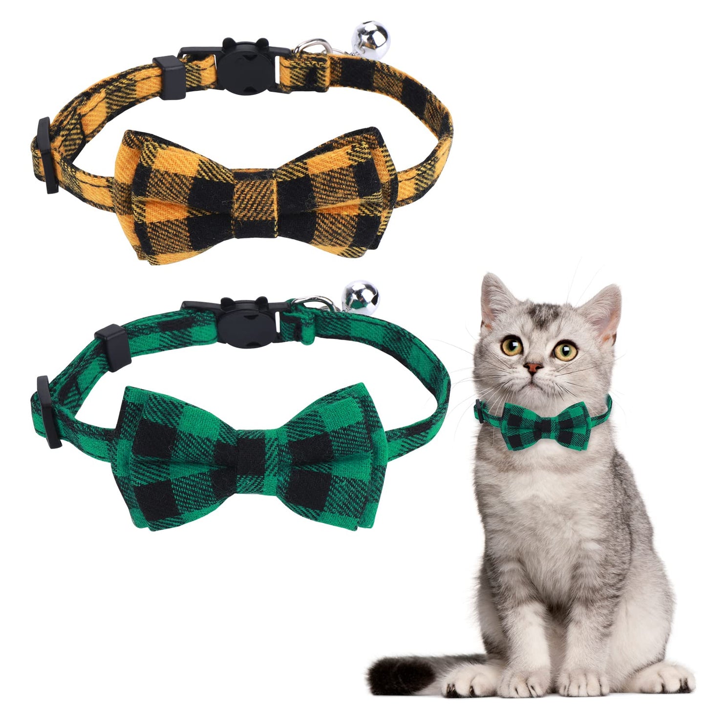 TIESOME 2/4 Pack Cat Collar with Bow and Bell, Adjustable 7-12inch Kitten Safety Collars Cute Plaid Cat Bow Tie Collars for Kitten Cats and Small Dogs (2Pcs)