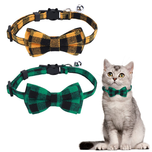 TIESOME 2/4 Pack Cat Collar with Bow and Bell, Adjustable 7-12inch Kitten Safety Collars Cute Plaid Cat Bow Tie Collars for Kitten Cats and Small Dogs (2Pcs)