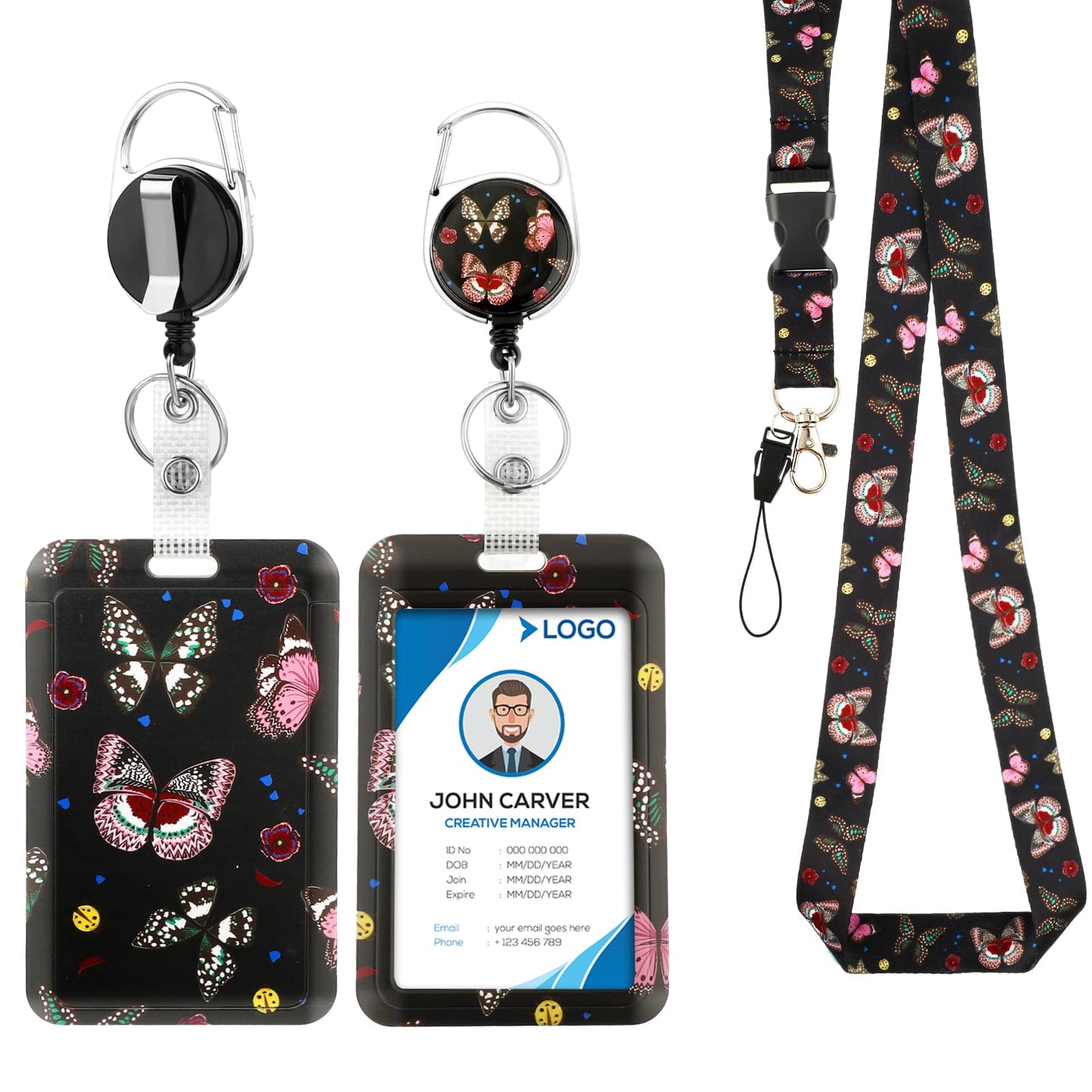 Amabro Butterfly Lanyards with ID Badge Holder, Retractable Badge Reel with Swivel Belt Clip Detachable Neck Vertical Lanyard Keychain Name Tag for Teacher Student Employees Kids Nurse Doctor(Pink)