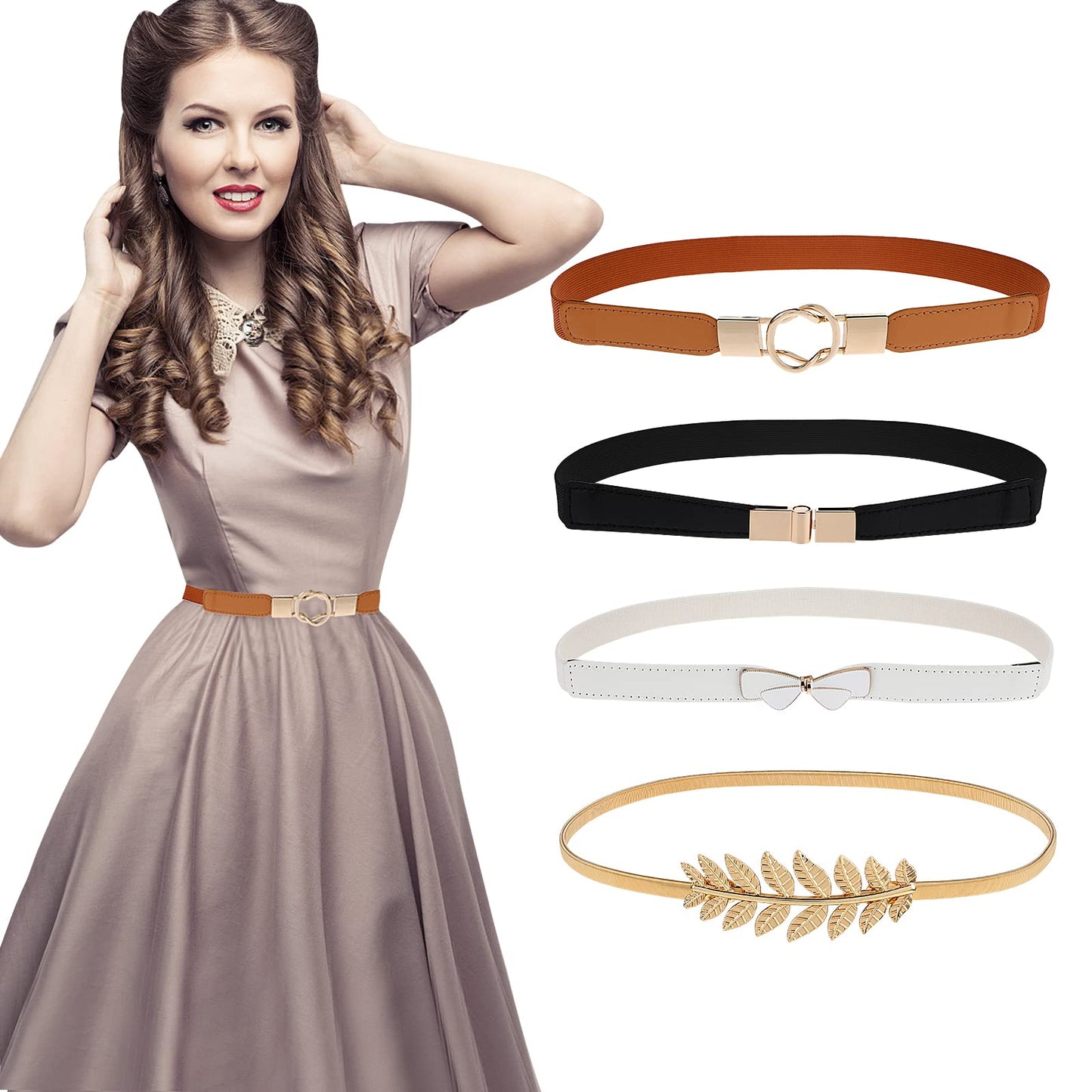 cobee Women Elastic Waist Belts, 4 Pieces Fashion Stretch Ladies Belts Skinny Dress Belt for Women Girl Size 26-35 Inch