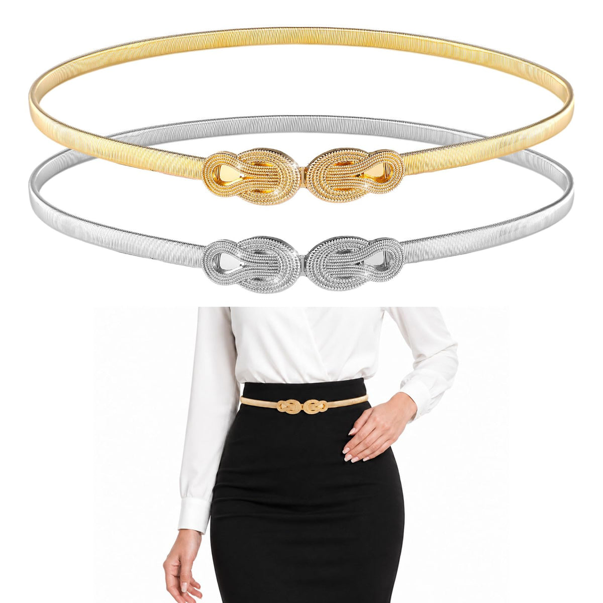SULIKJHUI 2Pcs Elastic Skinny Waist Belt for Women, Chain Belts for Dresses