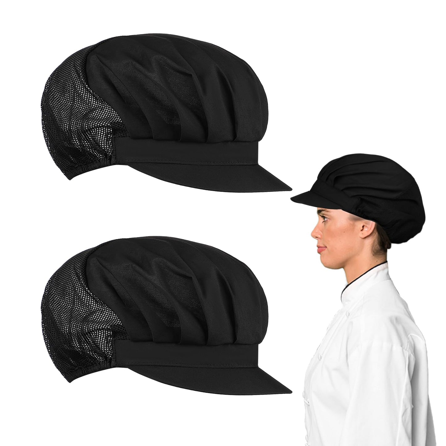 TIESOME 2 Pcs Chef Hat Elastic Chef Cap Kitchen Baking Cooking Hat, Breathable Chef hat Elastic Adjustable Chef Hat for Women Men with Brim Black