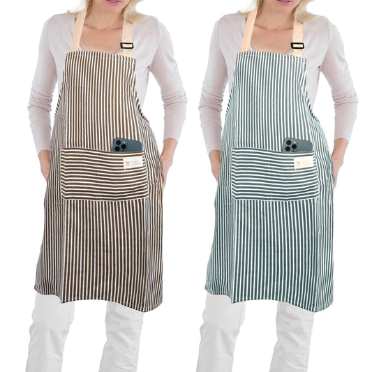 simarro 2 Pack Kitchen Cooking Aprons, Kitchen Aprons for Women with Pockets, Cotton Linen Adjustable Bib Aprons for Women Men Chef Cooking Painting Crafting(Blue and Brown)