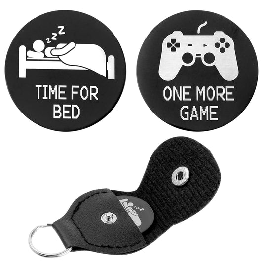 Amaxiu Decision Maker Coins, Pocket Hug Token Double Sided Funny Decision Coins Destiny Flip Coins with Leather Keychain Gift for Game Lovers, One More Game or Time for Bed(Black)