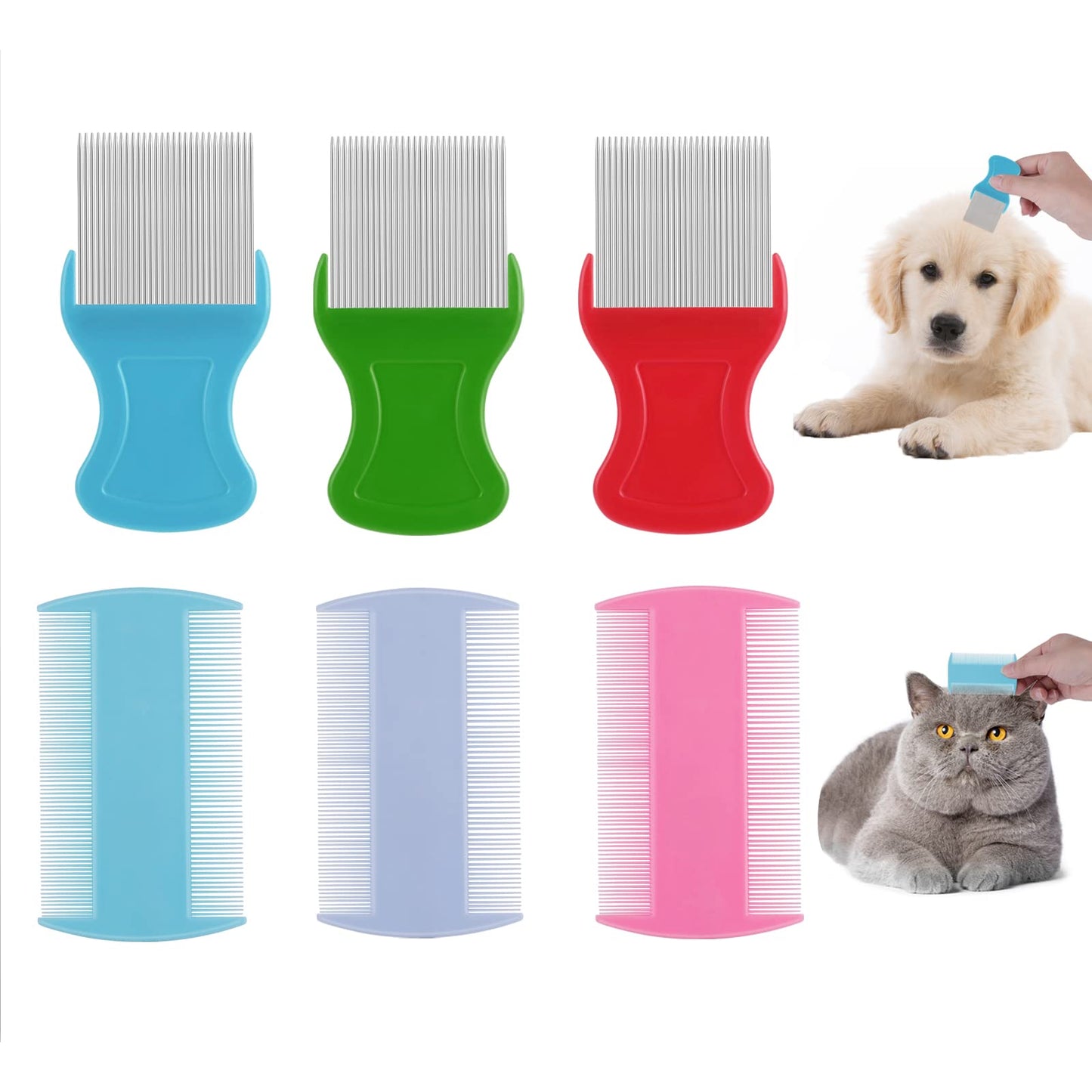 Molain Dog Flea Lice Comb, 6 Pieces Cat DogTear Stain Remover Comb Double Sided Plastic Hair Comb Metal Teeth Flea Comb Lice Removal Comb Grooming Comb