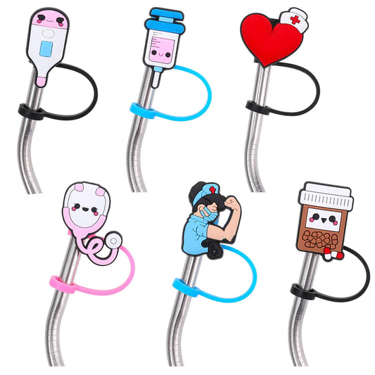 Amaxiu Straws Covers, 6 Pcs Reusable Straws Caps Cover Dust-Proof Drinking Straw Cover for 7-8mm Straws Straws Silicone Straw Tips Cover Cute Medical Style Straw Topper Cover for Doctor Nurse Hospital