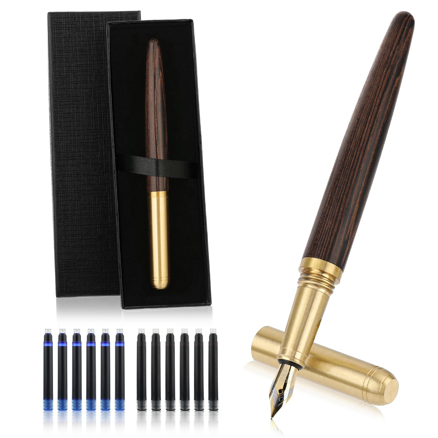 cobee Handcrafted Wooden Fountain Pens Set, Vintage Luxury Wood Fountain Pen 0.5mm Fine Point Smooth Writing Pen With 12 Ink 2.6 mm Cartridges and Gift Box for Journaling Calligraphy Supplies(C)