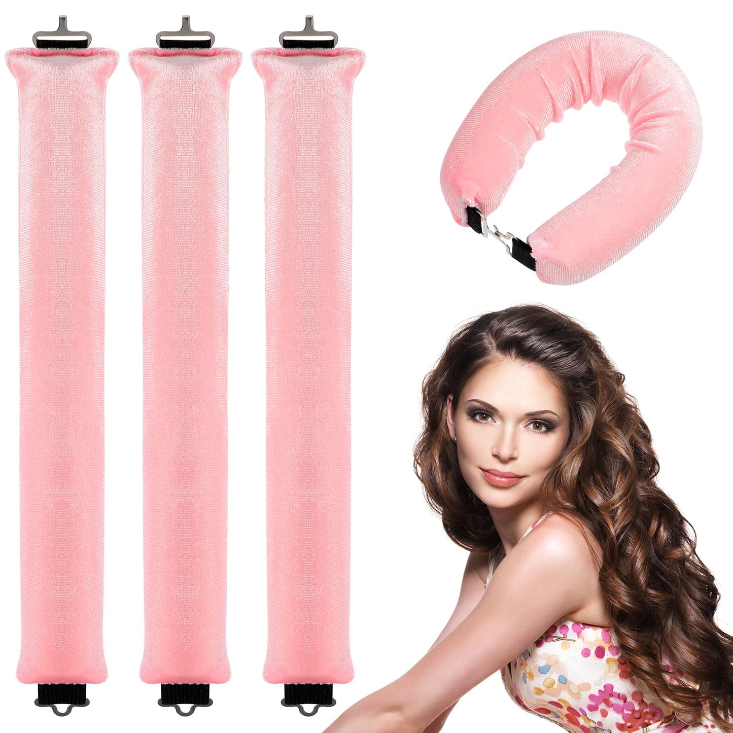 Yuanchu Pack of 3 Heat-Free Curlers, Curls Without Heat, Pink, Heatless Curls Band Curlers Overnight with Hooks, Heatless Curling Iron for All Hair Types, DIY Heatless Curls Band Hairstyle Set